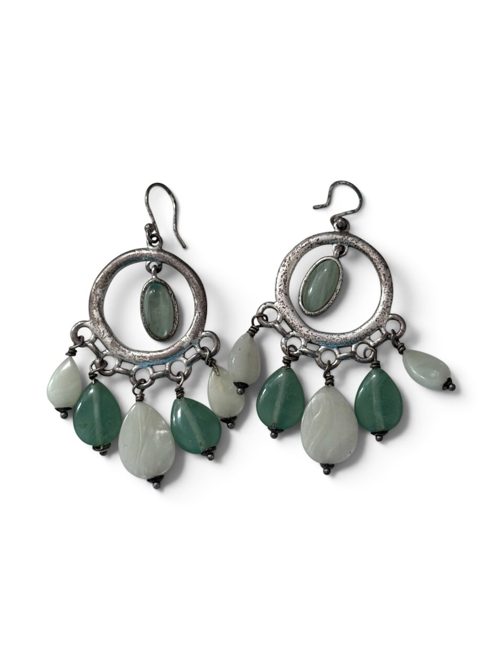 Vintage Liz Claiborne Green and Pale Green Plastic Bead Hoop Dangle Earrings